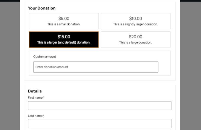 Donation form built with Charitable