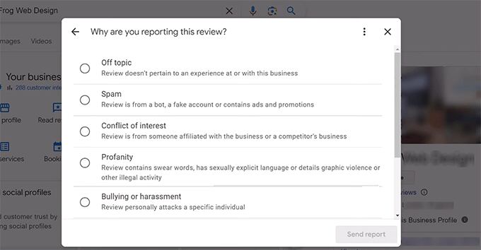 Choose a reason for reporting a Google review