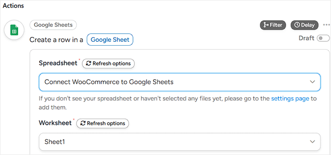 Choose a spreadsheet from the dropdown menu