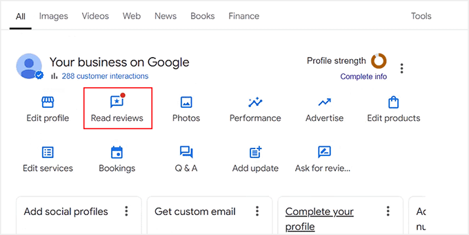 Click Read Reviews option in your Google Business Profile