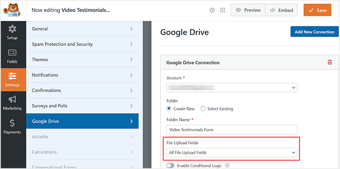 Connect Google Drive to a video testimonial form in WPForms