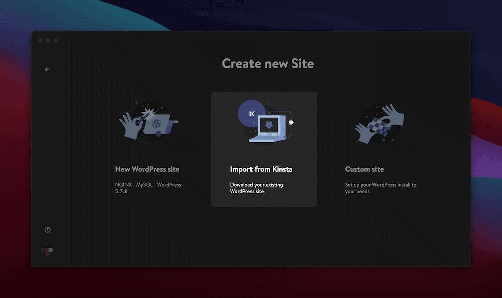 The DevKinsta interface showing the options to create a new site.