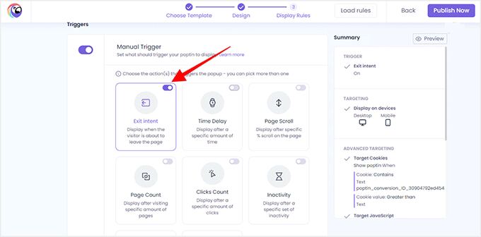 Enable exit-intent in Poptin