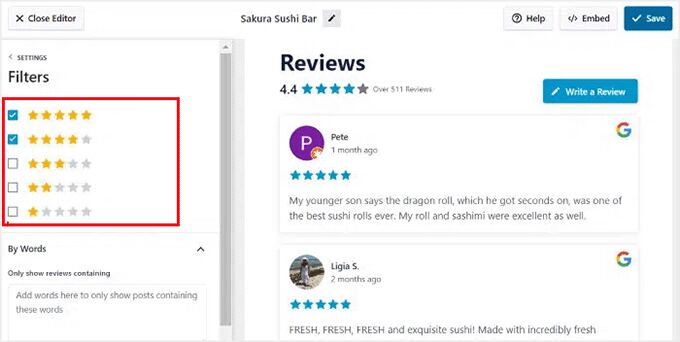 Filter Google Reviews by star rating in Smash Balloon