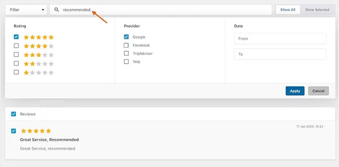 Filter reviews using Smash Balloon moderation feature