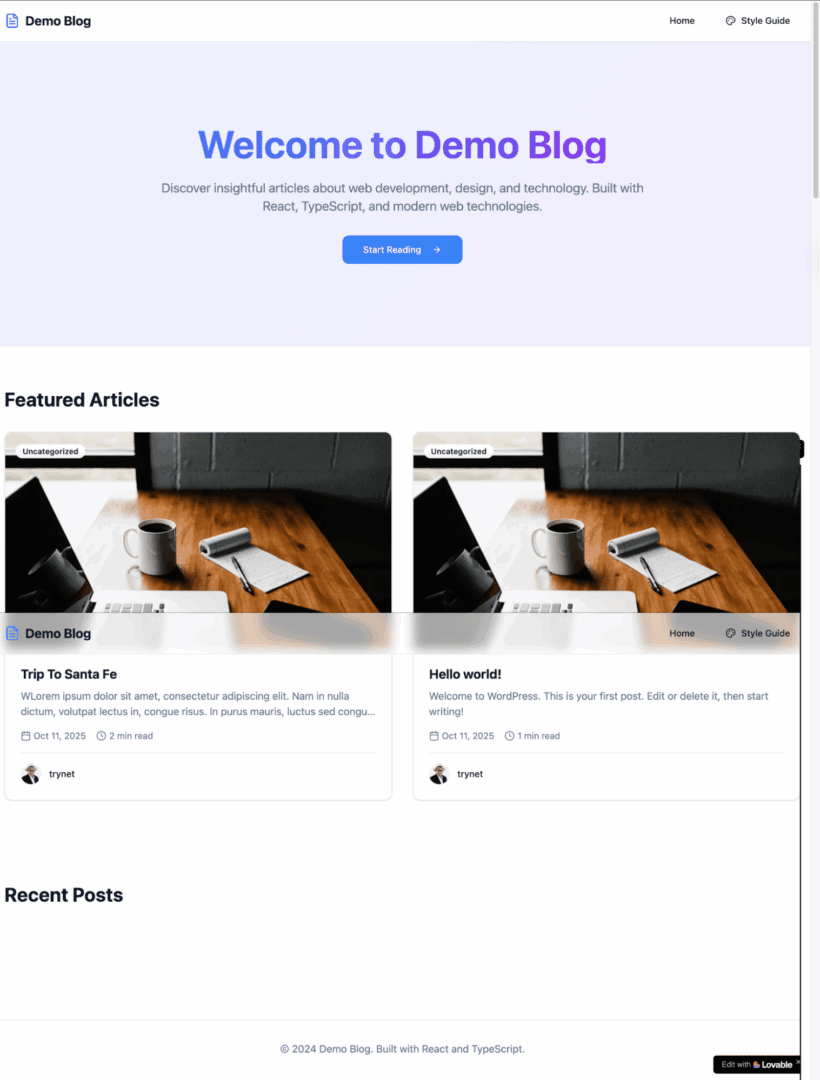 Example of a headless WordPress blog powered by Lovable’s front-end framework.