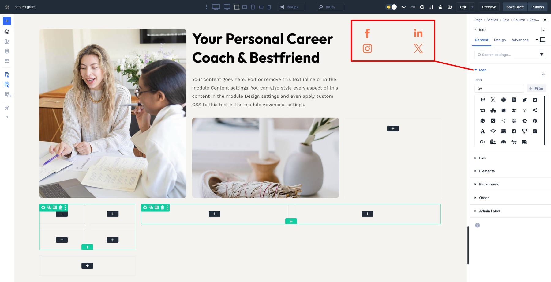 right 4 column nested row icons