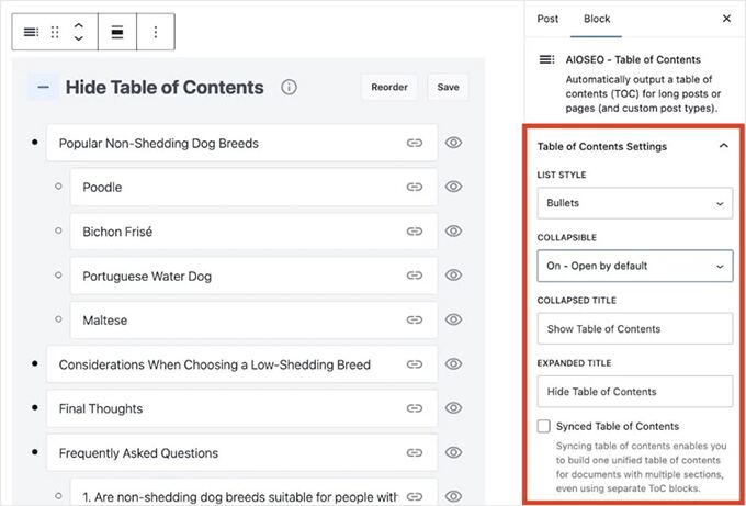 New and improved Table of Contents block in AIOSEO