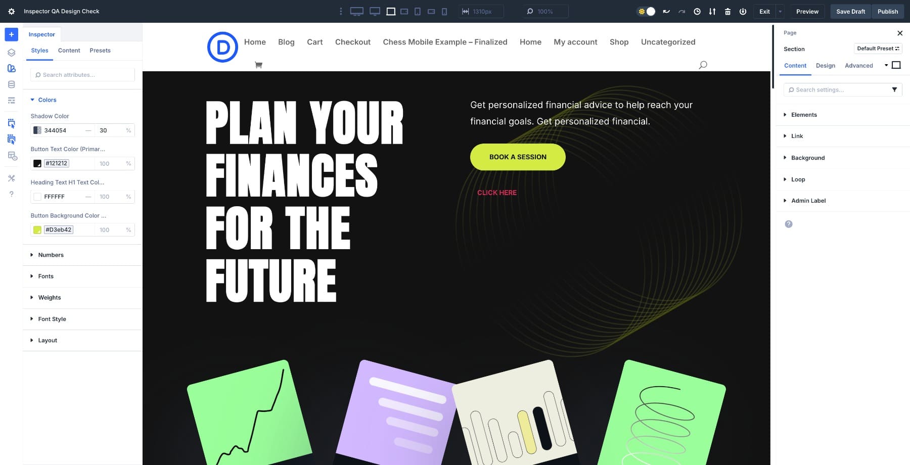 inspector on the right and element settings on the right