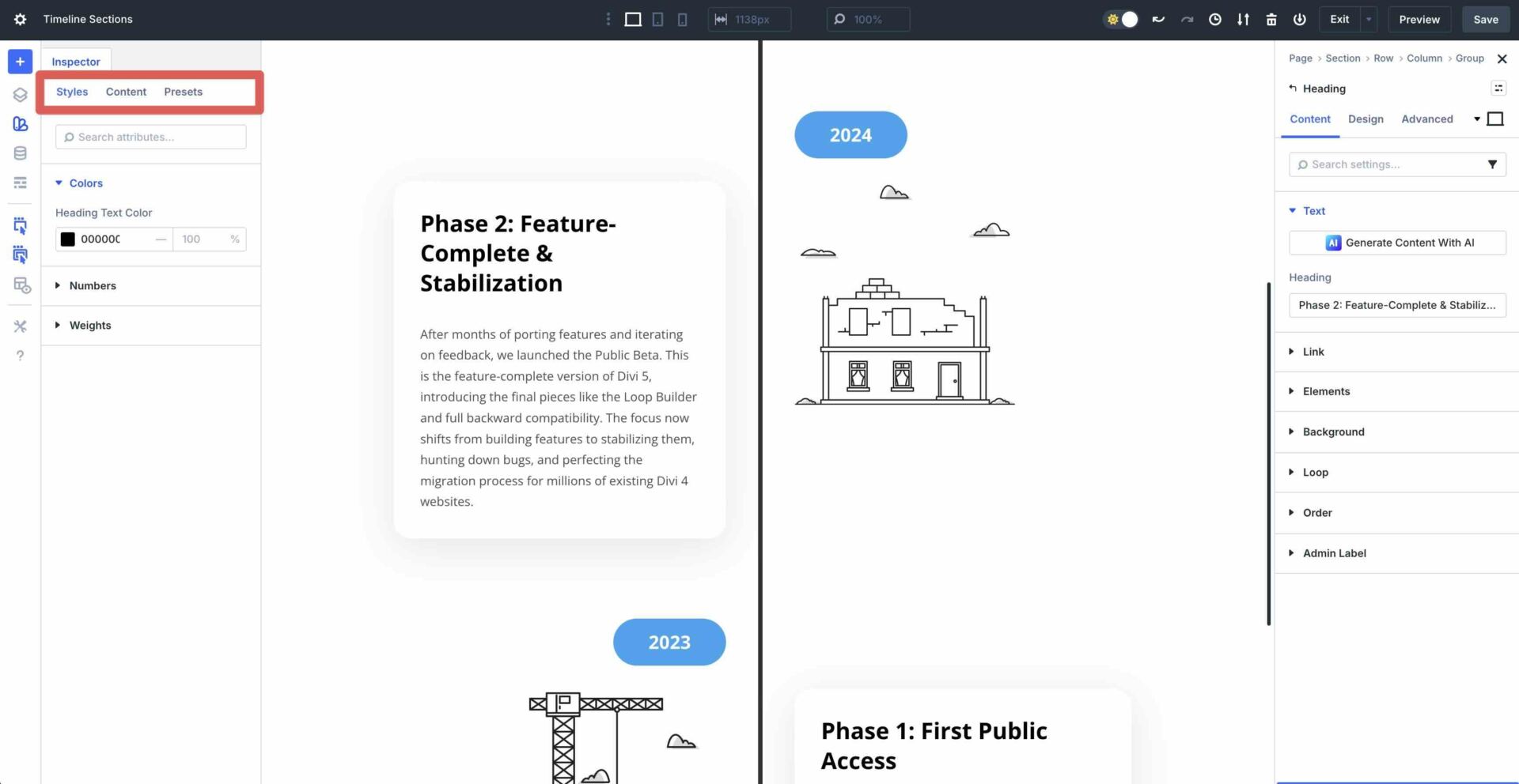 Divi 5 Inspector tabs