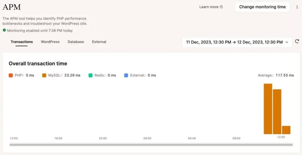The Kinsta APM Tool interface displaying a bar graph of the Overall transaction time for a WordPress site.