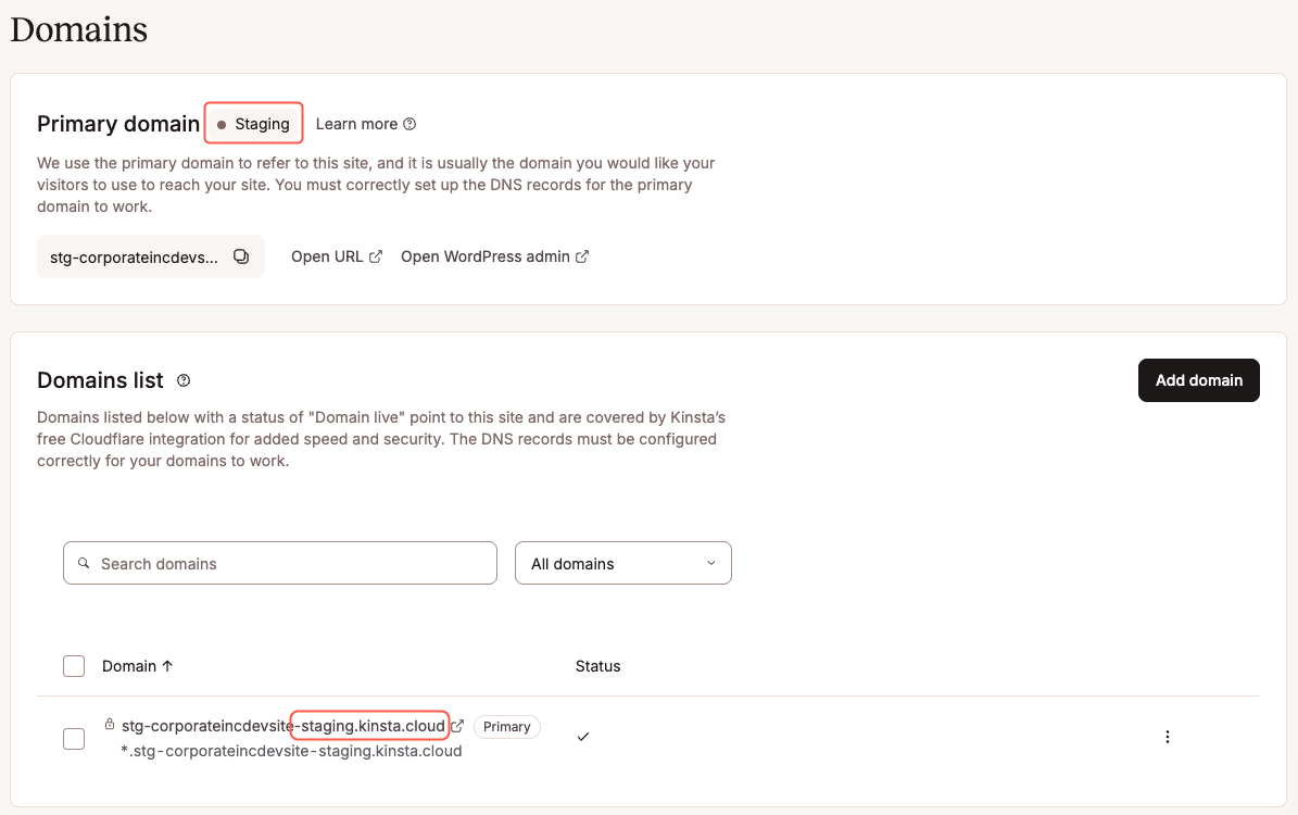 The Kinsta Domains panel within MyKinsta.