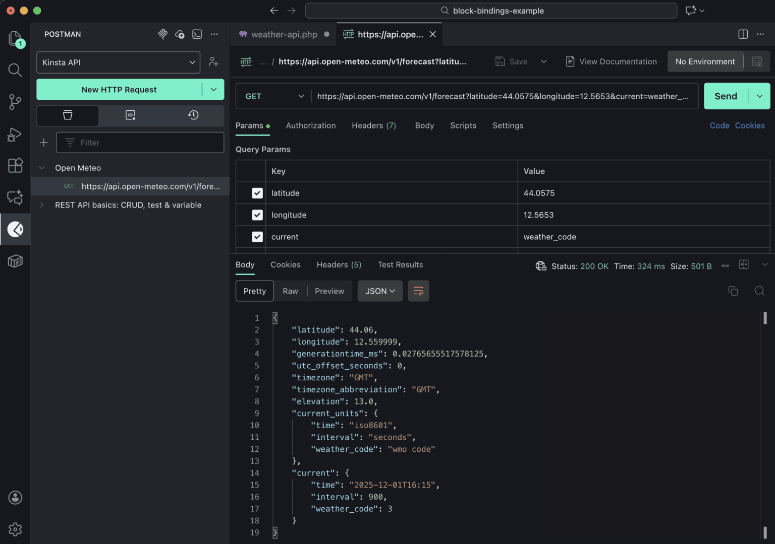 Open-Meteo response in Postman for Visual Studio Code