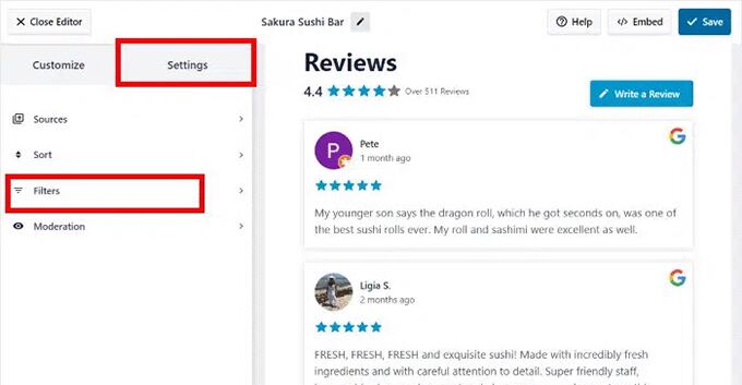 Select the Filters option in Smash Balloon