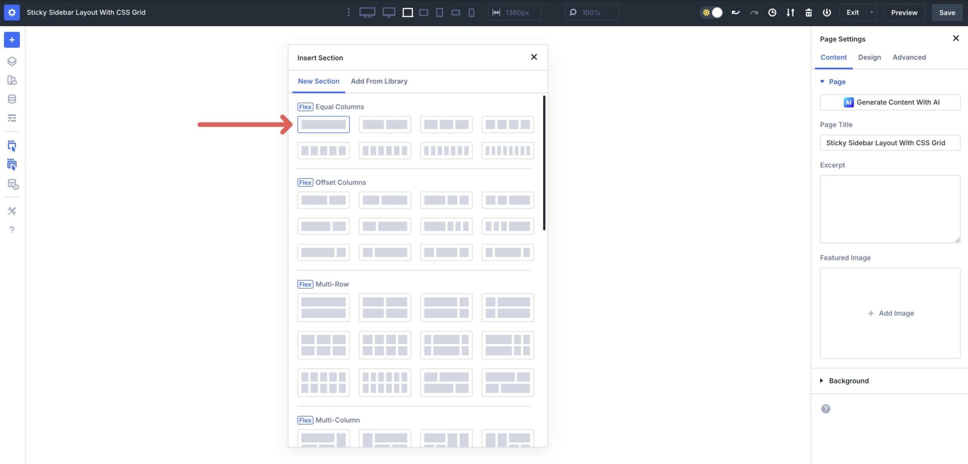 add a single column flex row in Divi 5