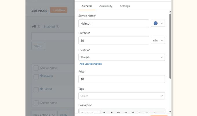 Adding a new service in Sugar Calendar Bookings