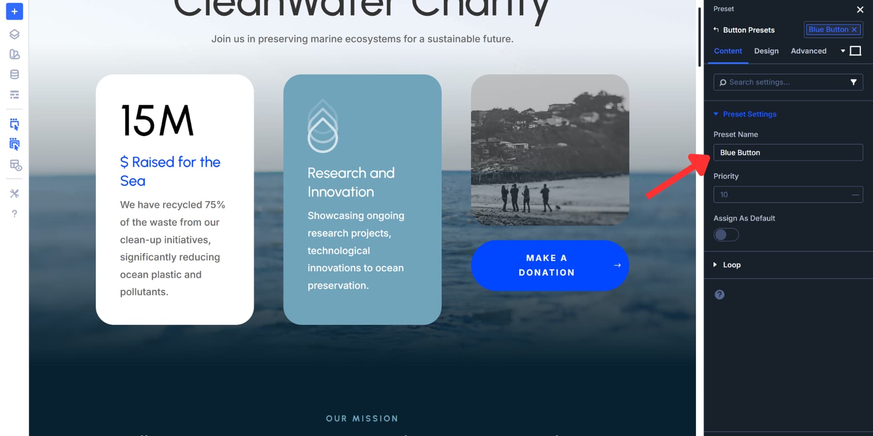 A screenshot of labelling a Button Element Preset appropriately for easier reach