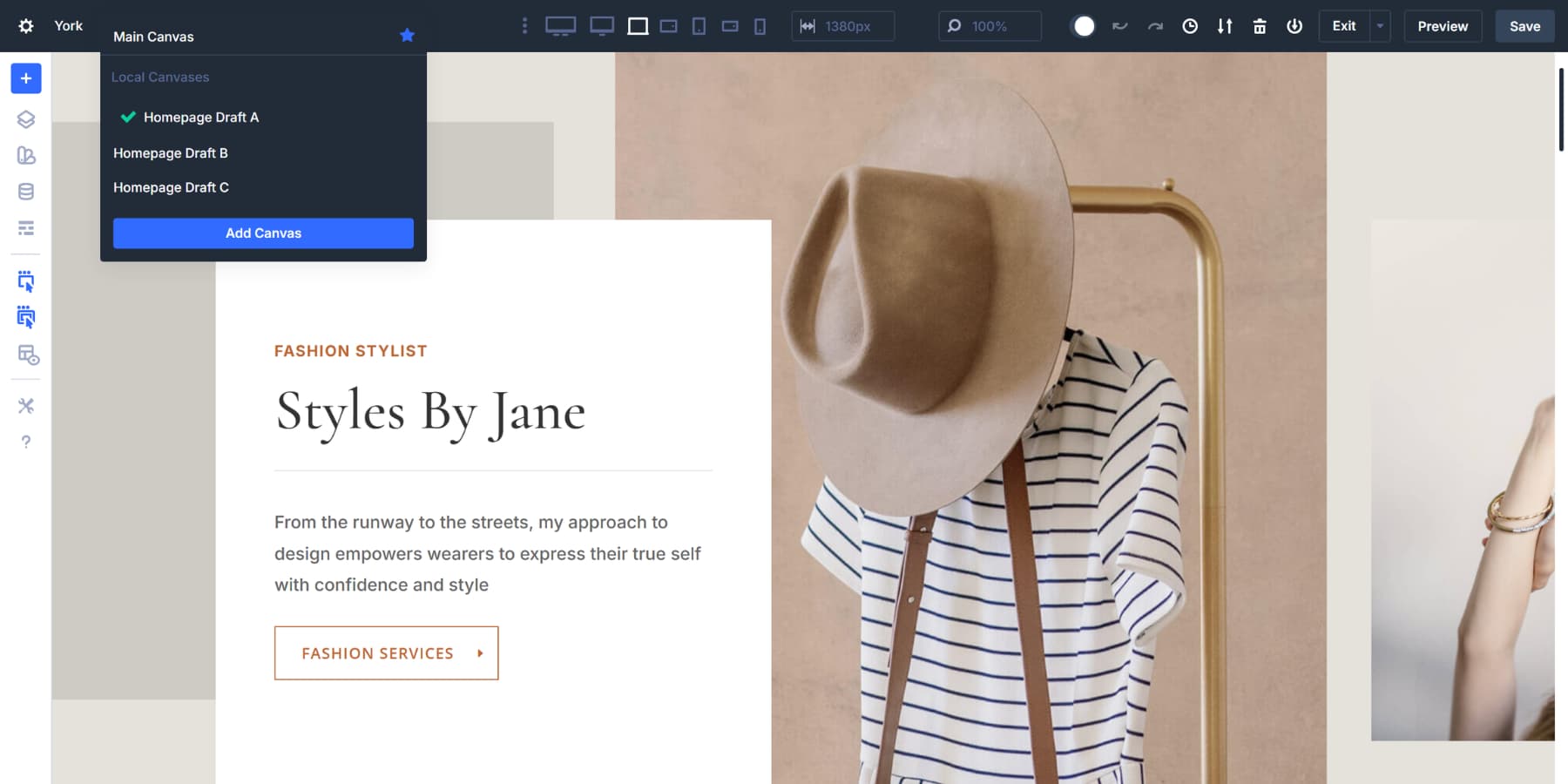 A screenshot of multiple canvases made for staging in Divi 5