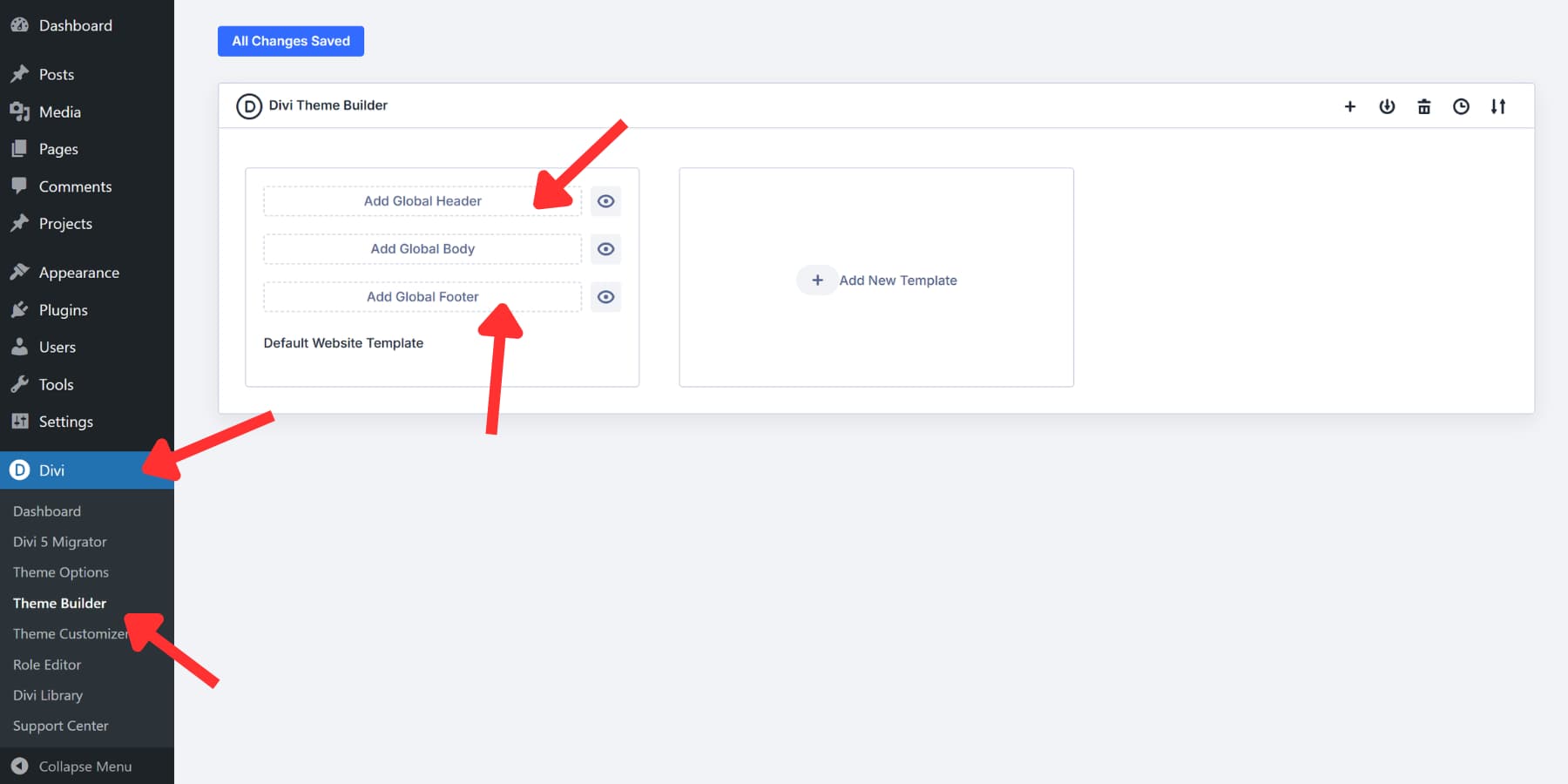 A screenshot of where to add headers and footers in Divi 5