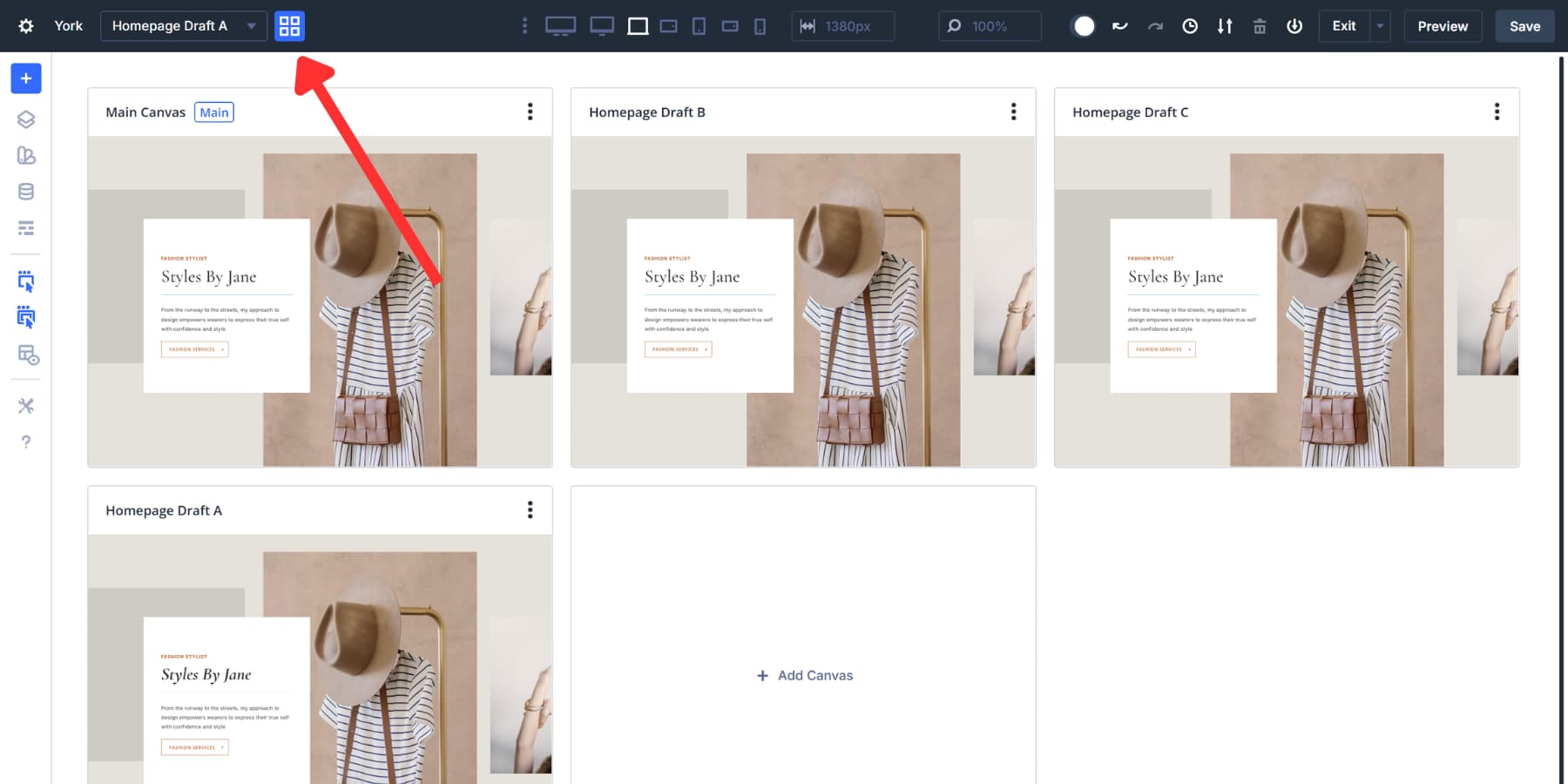 A screenshot of where to find the grid view option for canvases in Divi 5