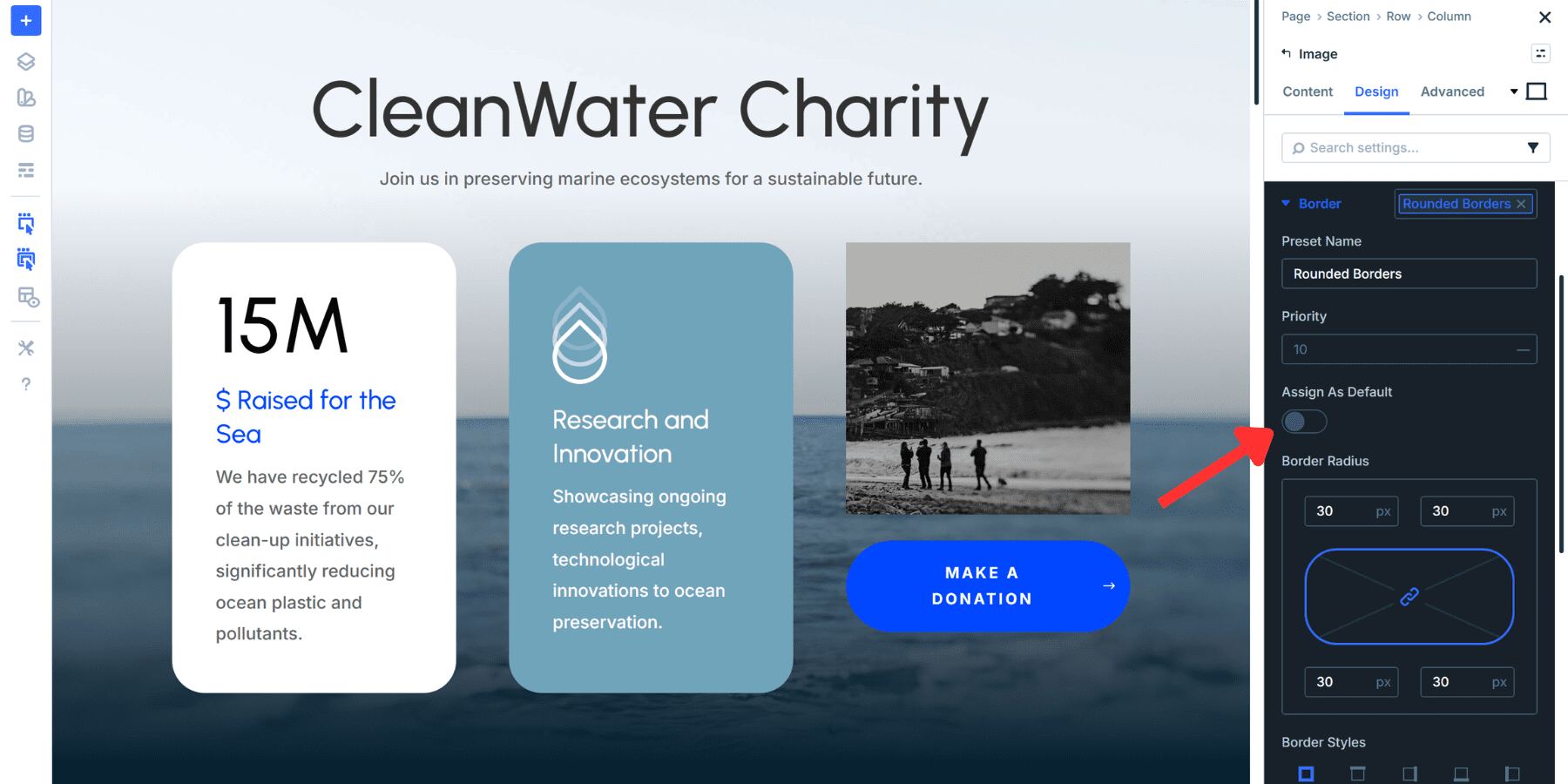 A screenshot of where to set a preset as default in the Option Group preset button