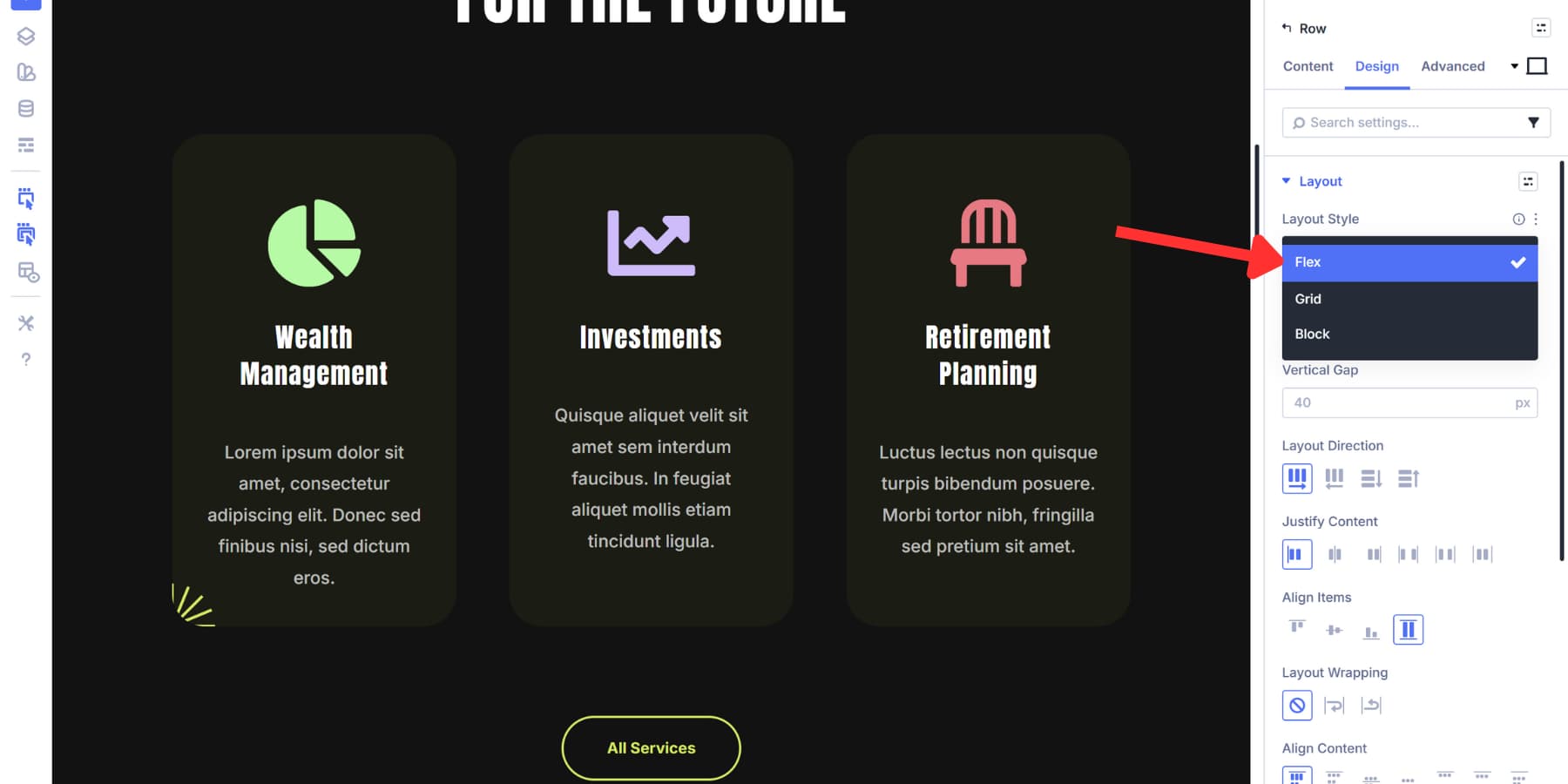 A screenshot of where to set layout style to flex in Divi 5
