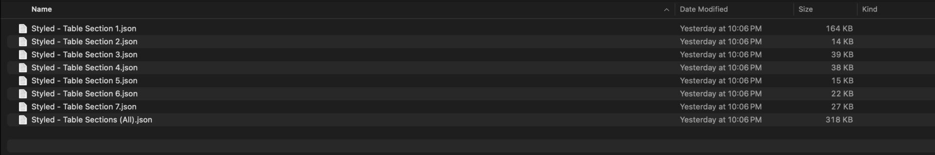 table sections JSON files