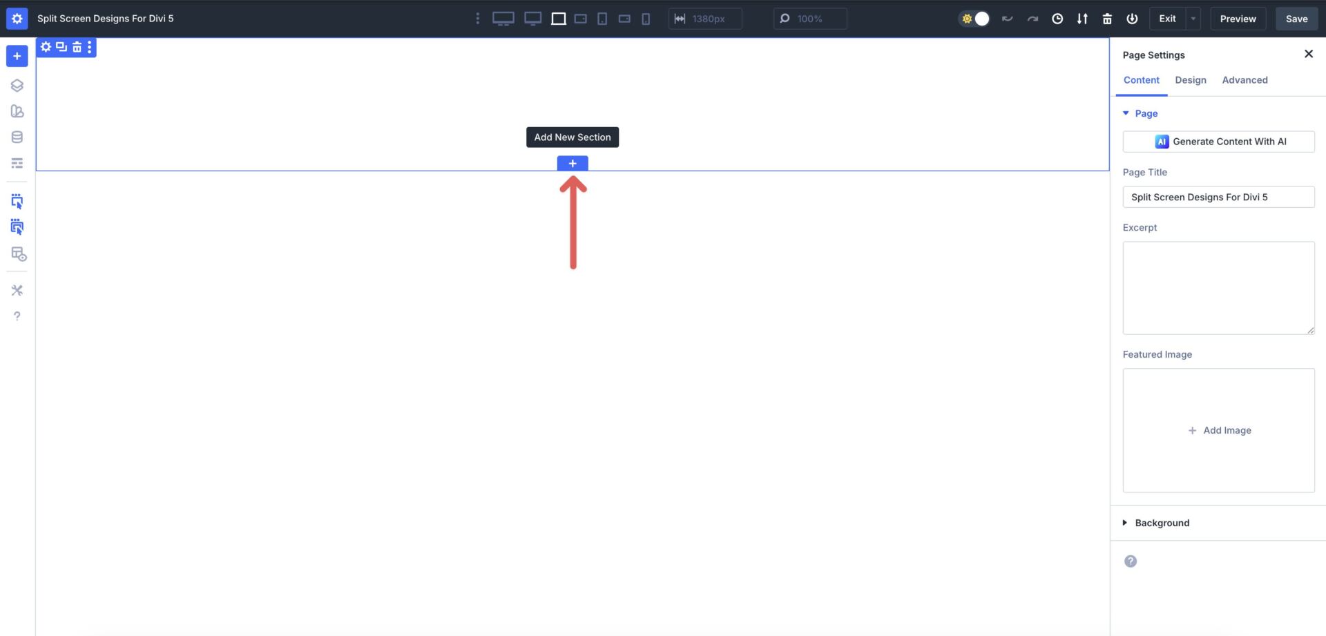 add a new section in the Divi 5 Visual Builder