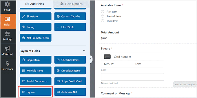 Add Square payment field in the form in WPForms
