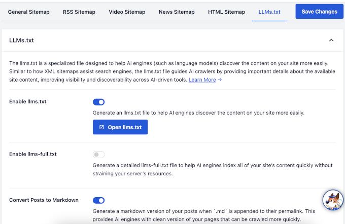 llms.txt settings in All in One SEO