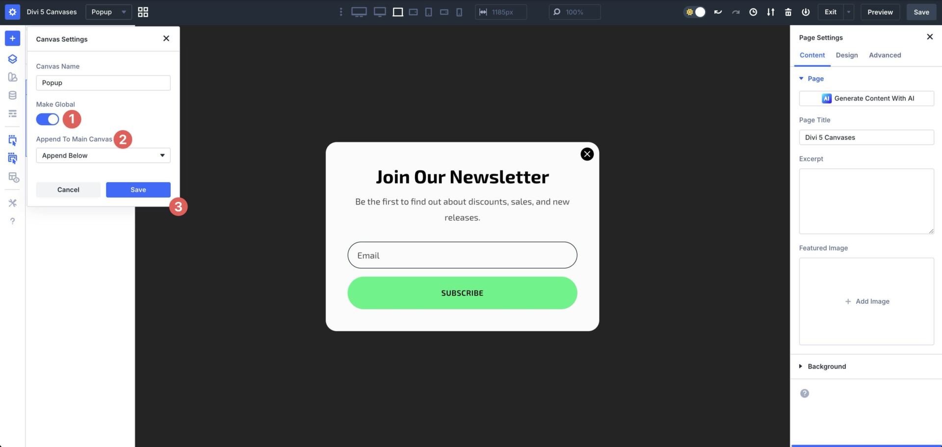 appending a canvas to main canvas in Divi 5