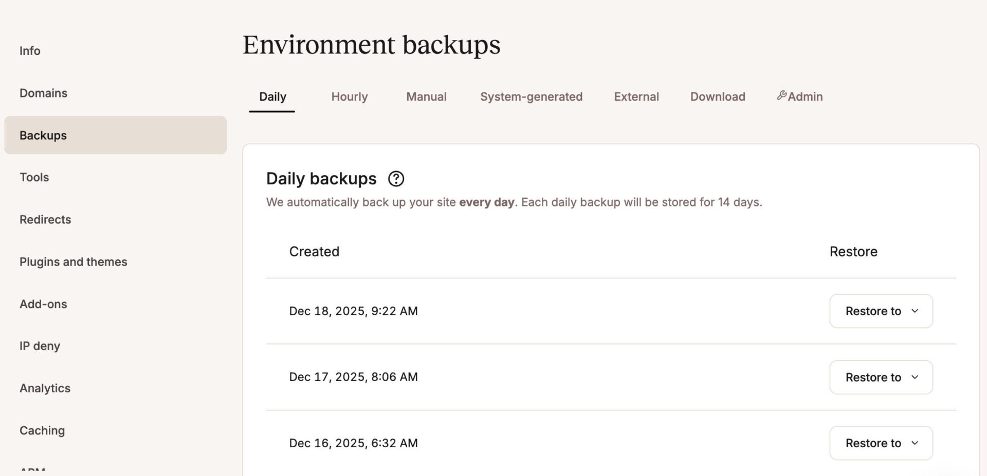 Backups screen in MyKinsta