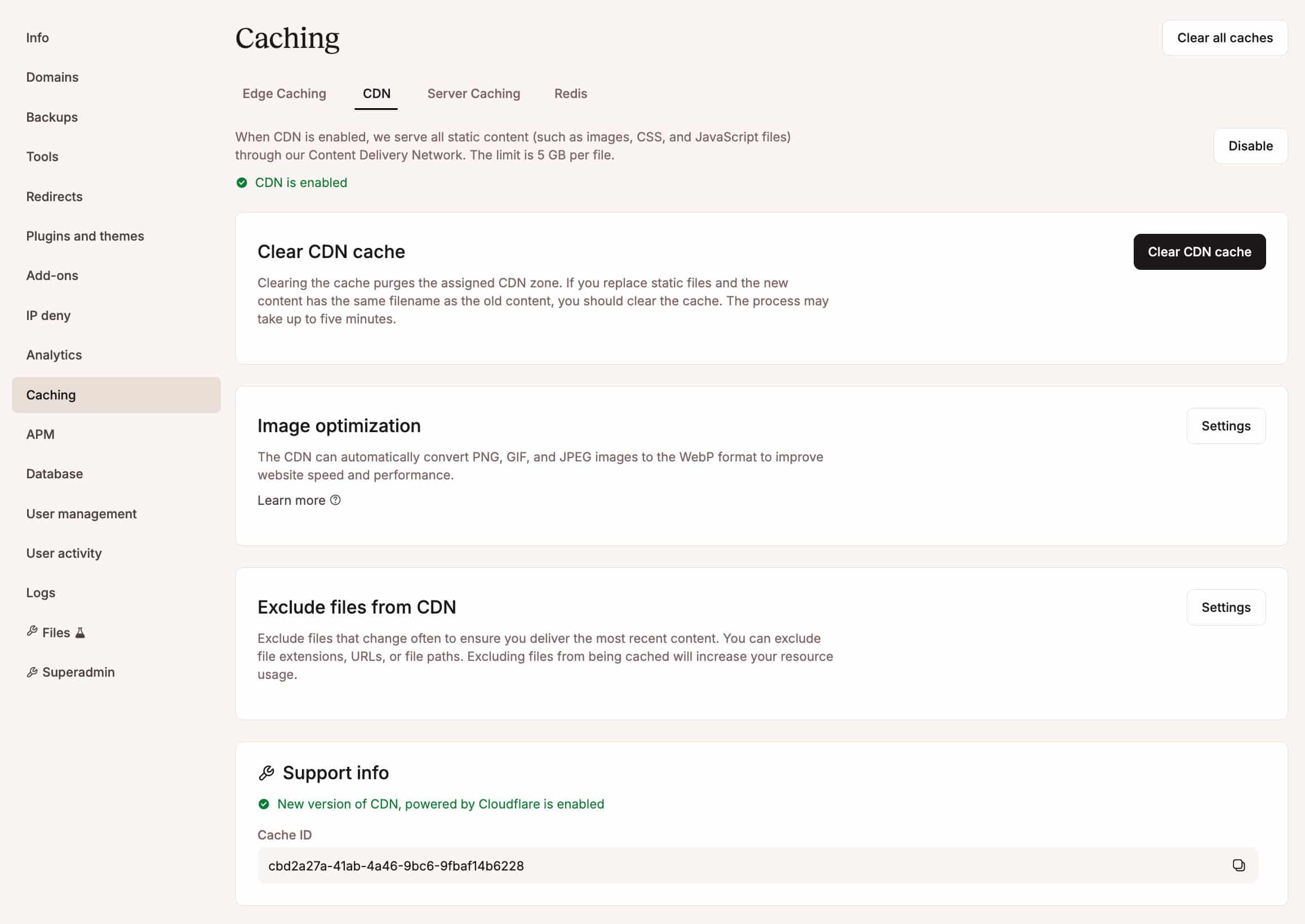 CDN caching configuration page in MyKinsta