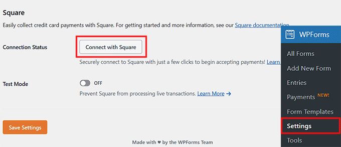 Click Connect With Square in WPForms