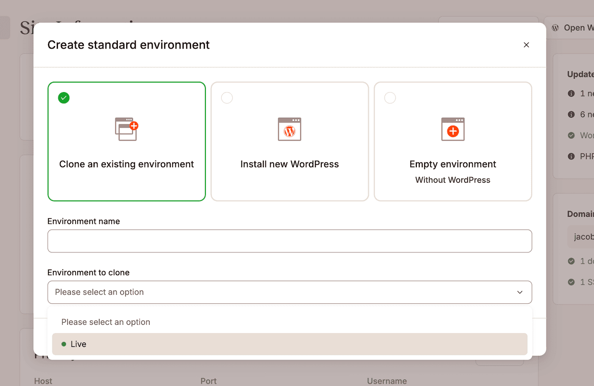 The MyKinsta Environments screen showing options to create a new staging environment.
