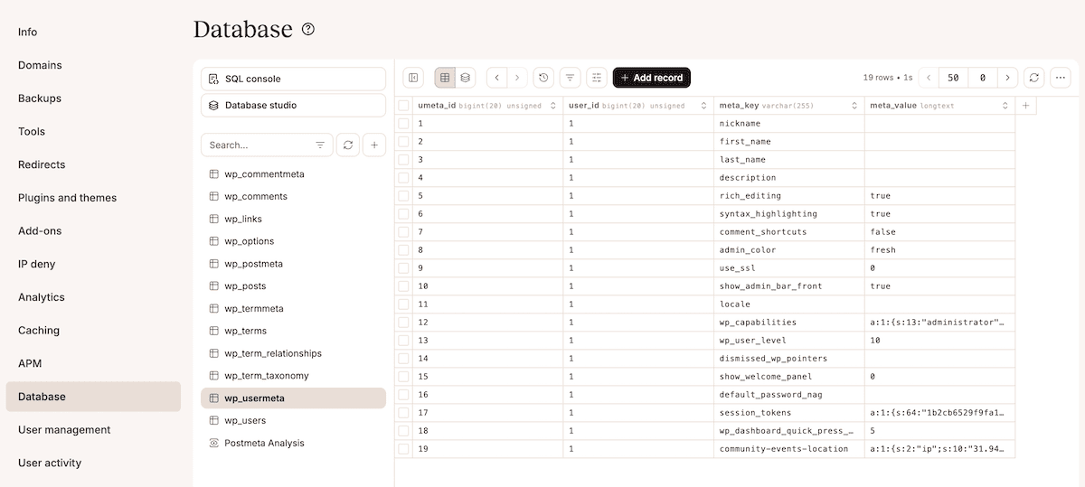 The MyKinsta Database tab showing the Database Studio interface with a list of WordPress database tables. The interface displays table names, row counts, and data sizes.