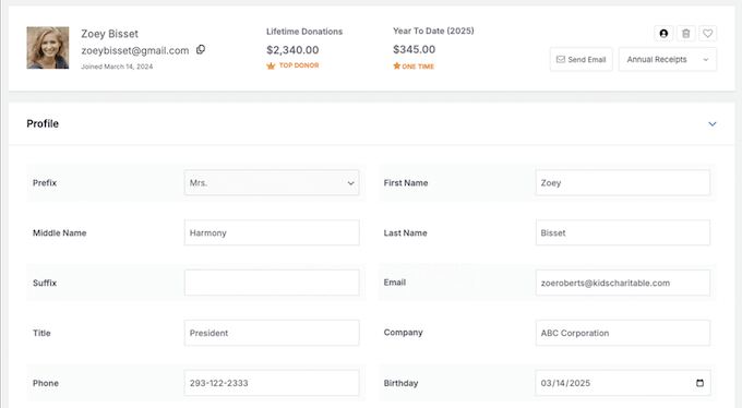 Managing donors in the WordPress dashboard