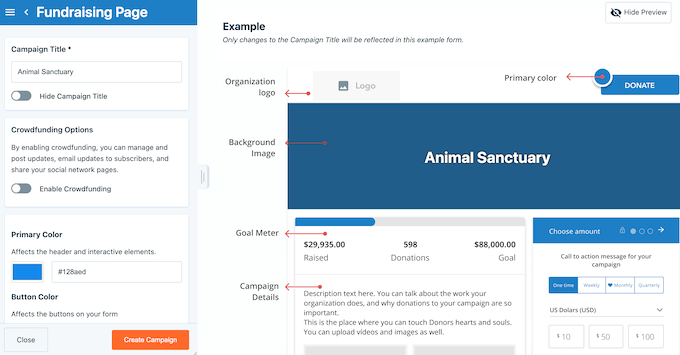 The DonorBox user interface