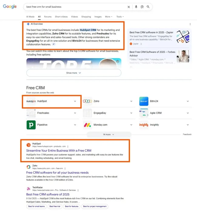 Screenshot from a Google search shows AI Overviews as dominant. Brands must be aware of answer engine optimization trends if they want to secure top spots.