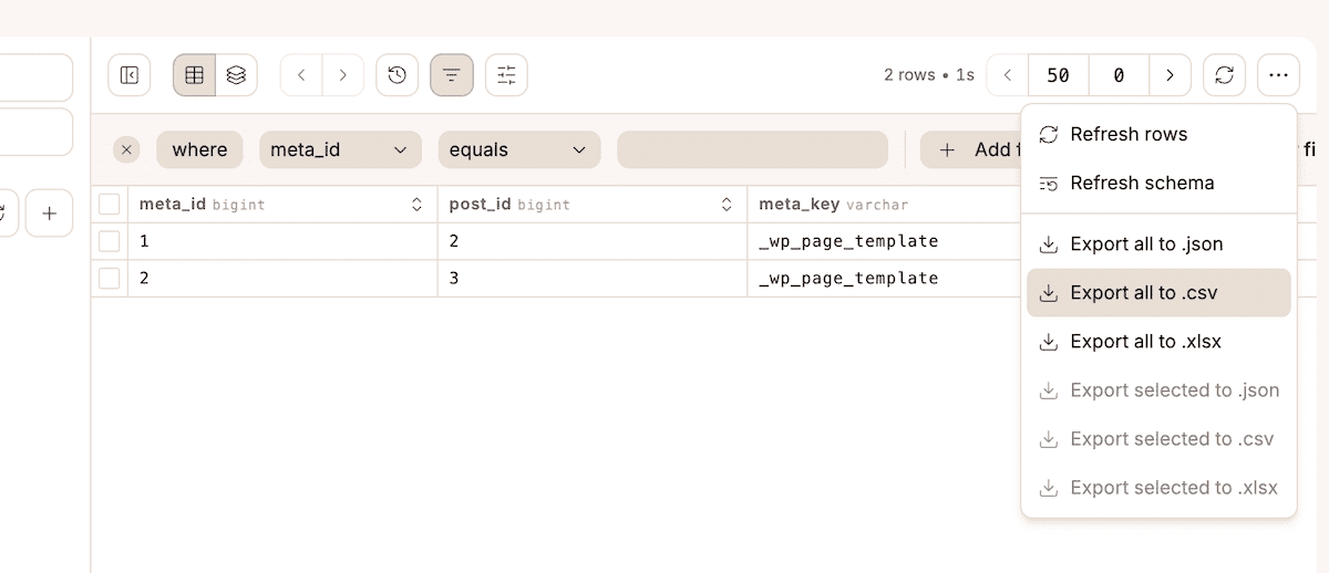 The options within Database Studio to export tables.