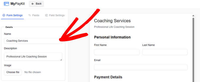 Give a name and description to your Square payment form