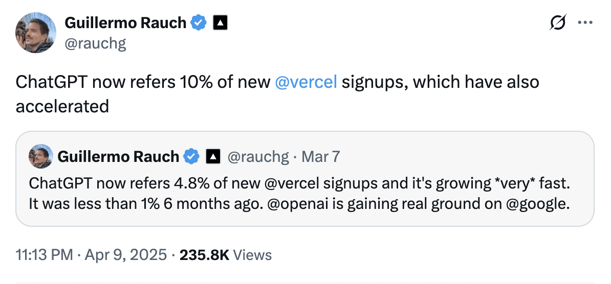 Data shared by Vercel CEO Guillermo Rauch showing ChatGPT-driven sign-ups.