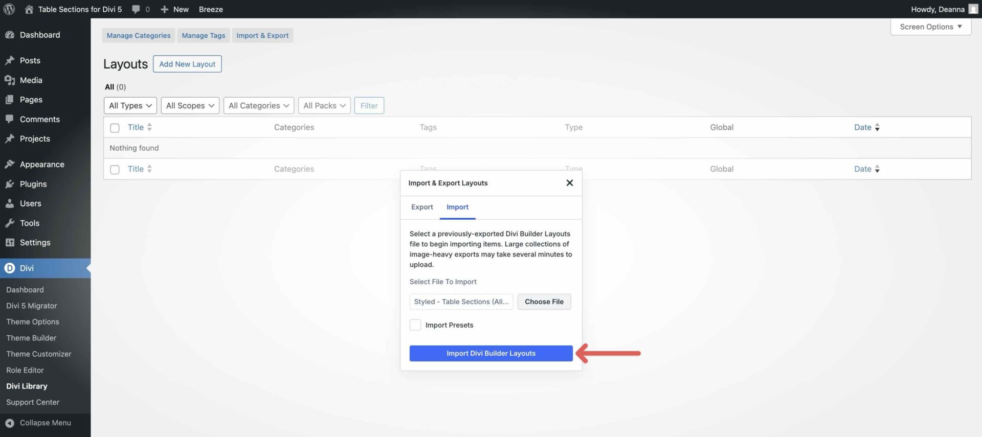 import a premade layout into Divi 5
