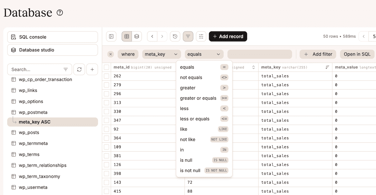 The Database Studio interface showing filters being applied to a database table.