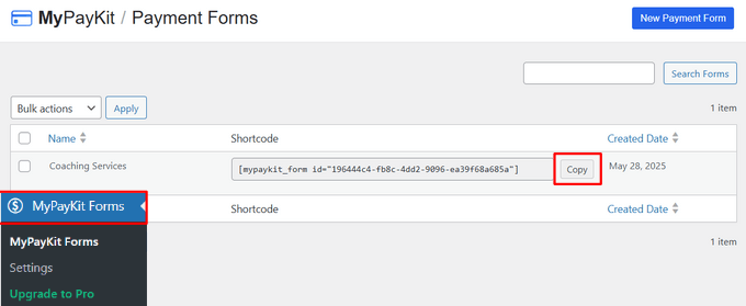 Copy the shortcode for your payment form