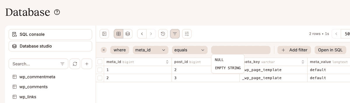 Creating a view in Database Studio for the wp_postmeta table.