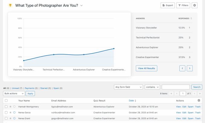 Quiz entries in WPForms