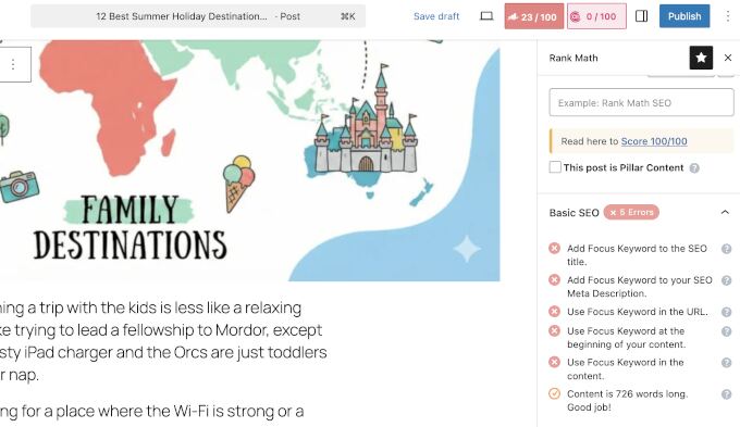 Rank Math on-page analysis