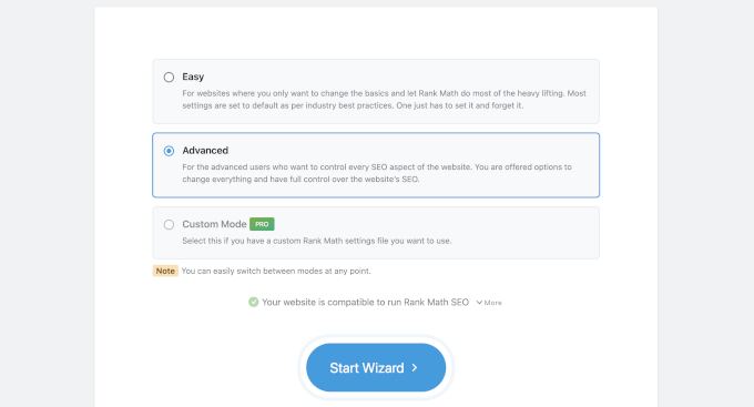 Rank Math setup mode