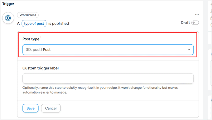 Select 'Post' as the post type for trigger in Uncanny Automator